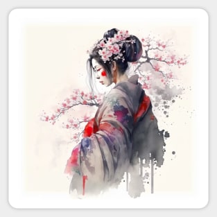 Japanese geisha in kimono and cherry blossoms Sticker